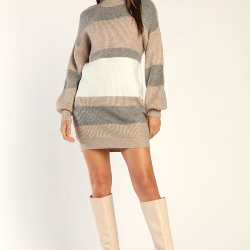 Lulus Casually Comfy Taupe Multi Striped Mock Neck Sweater Dress - Size S
